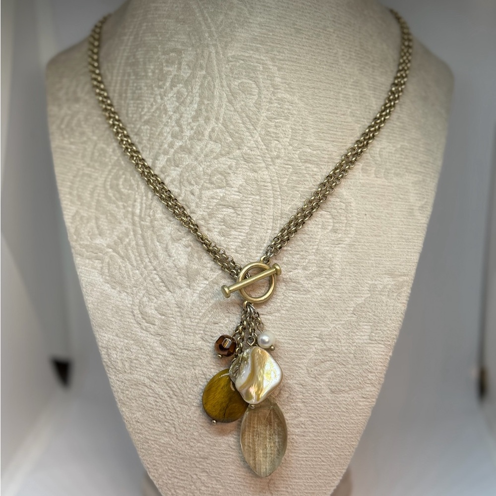 Gold Tone Toggle Necklace w/ Natural Stone & Pearl Charms